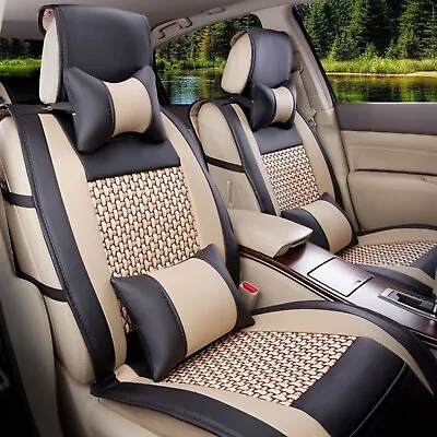 Car Seat Cover W/ Pillows Set PU Leather Mesh 5-Seats Front+Rear Black/ Beige • $44.70