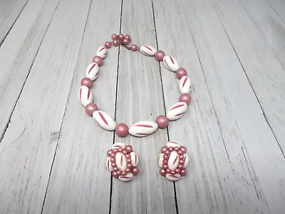 Vintage Pink And White Lucite Beaded Necklace And Clip-On Earrings • $12