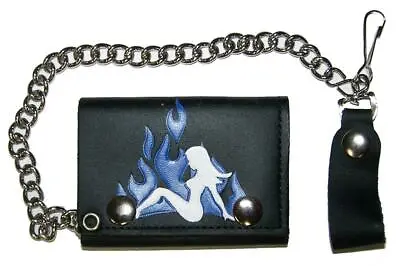 MUD FLAP GIRL BLUE FLAMES TRIFOLD BIKER WALLET W CHAIN Mens LEATHER #643 BIKER • $14.30