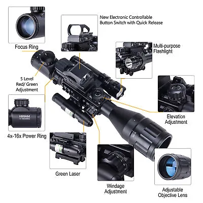 4-16x50 EG Rifle Scope W.Holographic 4 Reticle HD Red Dot Sight & Green Laser US • $68.99