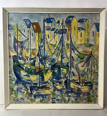 Mid 20th Century Marine Oil Painting On Board Boats In A Harbour Framed • £275
