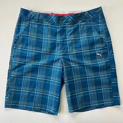 PUMA USP Dry Cell Golf Shorts Mens 36 Blue Plaid Stretch Flat Front Chino • $16.20