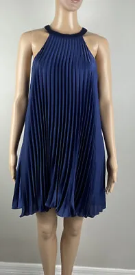 $25 • Buy Lulus Dance It Out Women’s Swing Mini Dress Pleated Halter Neck Navy Blue Size S