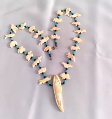 Zuni All Bone Hand Carved 26 Fetish Animals Corn Kachina Pendant Necklace 26  • $150