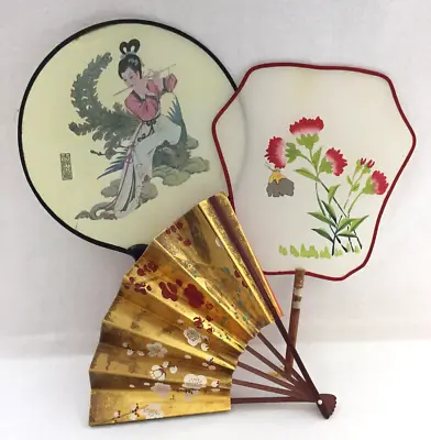 Chinese Paddle & Folding Paper Fans Hand Painted Silk Screen Lot Of 3 Vintage • $29.95