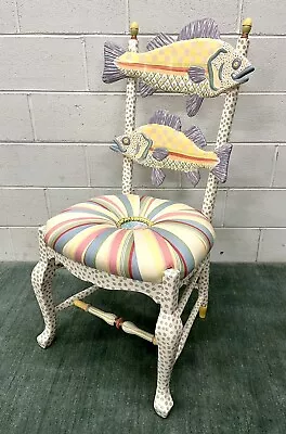 MacKenzie Childs Freckle Fish Chair Cotton Chintz + Damask Silk Button Seat Mint • $1995