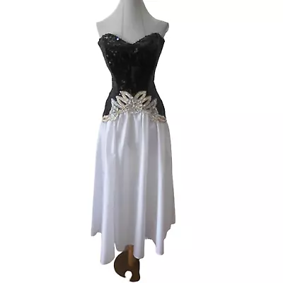 VTG 80's NADINE Black & White Sequin Bead Drop Waist Strapless Dress Gown Sz 3 4 • $37.50