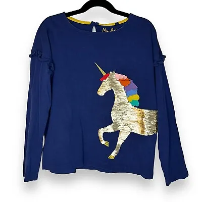Mini Boden 9/10 Yr Color Change Unicorn Top Sequin Navy Blue Shirt Jersey Ruffle • $14.99