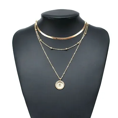 £3.49 • Buy Womens Multi Layer Lotus Pendant And Necklace Gold Or Silver Choker Statement UK