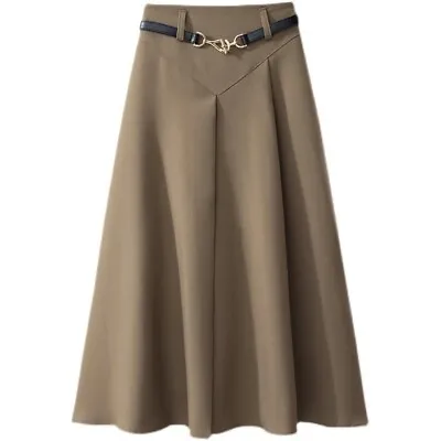 Women Casual Pleated Skirt Belted Skirt A-Line Midi Skirt High Waist Half Dress • $26.99