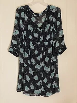 Womens Torrid  2 Piece  Dress Slip Black Sheer Blue Roses Roll Tab Sleeves Sz 1 • $34.99