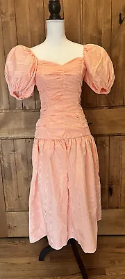 Vtg 80s Satin Prom Party Dress Straight Fit Big Bow Puffy Sleeves Light Apricot • $59.99