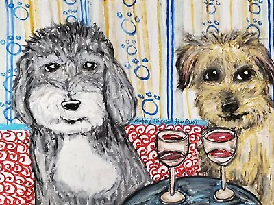 Doodle Dog Drinking A Martini 4x6 Art Print Signed By Artist KSams Vintage Style • $14