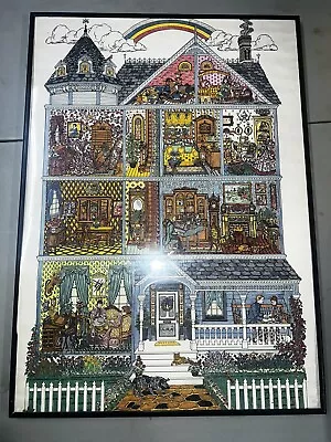 Vintage Original 20  X 28  Victorian House Doodle Art Poster Colored Framed • $27.99