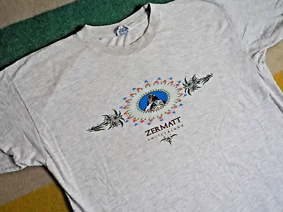 VTG 80s 90s ZERMATT Switzerland Matterhorn Alps Hiking Gray Tee T-Shirt L • $24.95