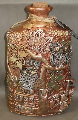 Steampunk Wise Old Owl Art Arty Gears Metallic Decanter Container Bottle W Cork • $29.60