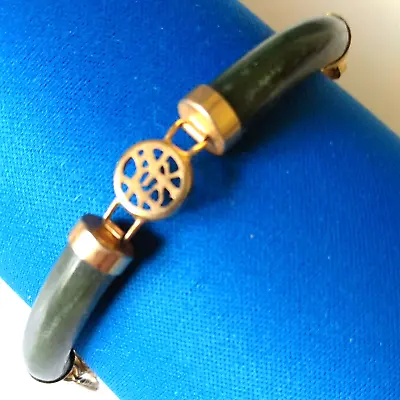 Vintage Green Faux Jade Tube Link Asian Bracelet Goldtone Filigree Beads 8  • $9.99