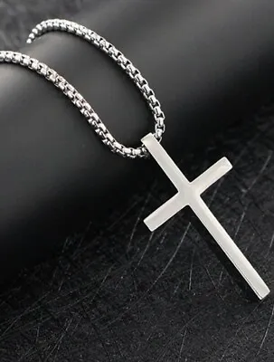 1pc Mens Cross Christian Religious Pendant Decor Chain Necklace Silver Metal • £4.79