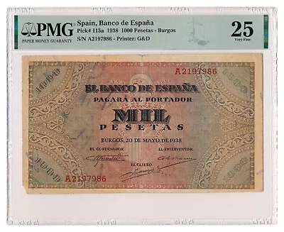 SPAIN Banknote 1000 Pesetas 1938 PMG Grade VF 25 Very Fine RARE !!! • £220.69