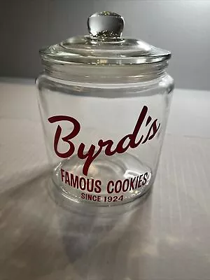 Vintage Byrd's Famous Cookie Jar Canister With Lid Clear Glass With Logo In Red • $14.95