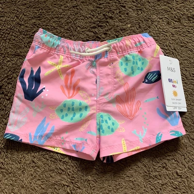 BNWT M&S Baby Boys Age 0-3 Months Pink Multi UPF 50+ Swim Shorts • £6.99
