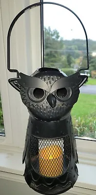 Black Metal Sculpted Owl 13in Lantern • Battery Candle • Based Or Hanging • Vtg • $25