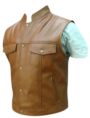 Mens Bikers Vest Waistcoat Brown Real Cow Leather Vest Motorcycle Jacket • £74.99