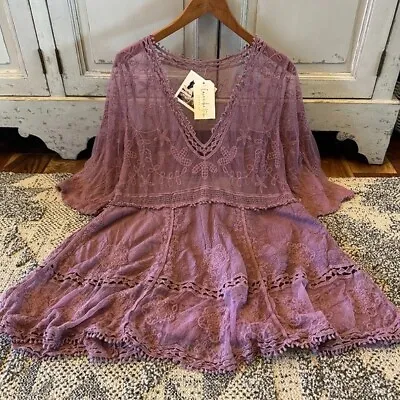 XL New Lilac Lace Crochet Boho Folk Tunic Blouse Top Cover-Up Womens X-LARGE OS • $58.50