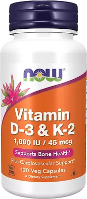 NOW Supplements Vitamin D-3 & K-2 1000 IU/45 Mcg Plus Cardiovascular...  • $13.29