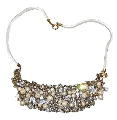 New J.Crew Signed Necklace Cluster Crystal Pearl Leather 12  Cord Statement • $76