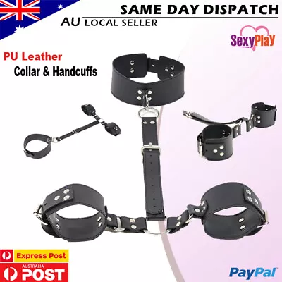 BDSM Handcuffs Collar Restraint Fetish Back Neck Bondage Kit Adjustable Sex Toy • $25.95