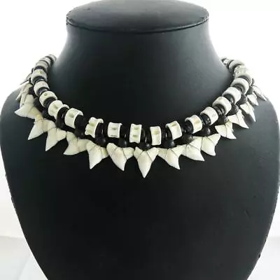 Awesome 21pc Unisex White Tip Shark Tooth Bone Black Heishi Beads Necklace • $29.95