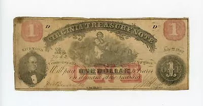 July 21 1862 Cr.17 $1 VIRGINIA Treasury Note - CIVIL WAR Era • $34