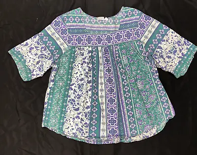 Vermont Country Store Peasant Top Blouse Size XL Blue Green Purple 3/4 Sleeve • $21.99