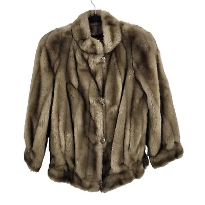 Vintage 60s Tissavel Vegan Faux Fur Jacket Coat L Brown Button Up Bomber USA • $250