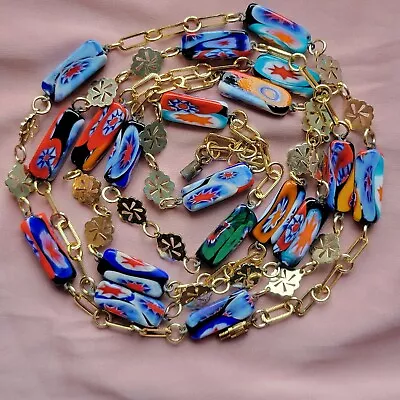 50 Inch Vintage Millefiori Murano Art Glass Bead Necklace Barrel Clasp • $44.99