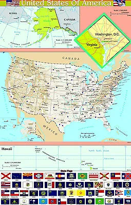 £4.99 • Buy A2 Laminated USA UNITED STATES Of AMERICA  Map Wall Chart Poster  | FLAGS BOTTOM
