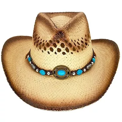 KIDS Tea Stain Straw COWBOY HAT W Turquoise Blue Beads Shapeable WESTERN Cowgirl • $19.91