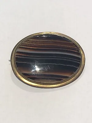 Vintage Oval Cabochon Cut Brown Stripe Agate Brooch Pin Gold Tone Metal Mount • £16