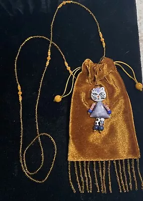 Miniature Glass Seed Beaded Medicine Bag Neck Pouch Necklace Anthropomorphic Cat • $12