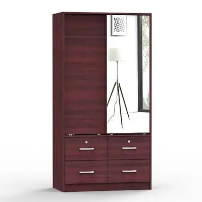 Better Home Products Sarah Double Sliding Door Armoire With Mirror In Mahogany • $353.81