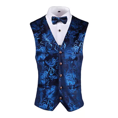 Men Sleeveless Velvet V Neck Gilet Top Fit Waistcoat Vest Foil Print Jacket Coat • $36.61