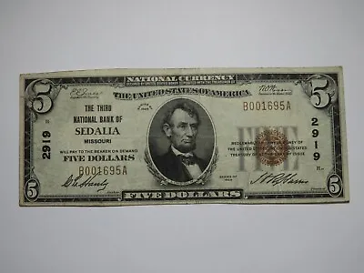 $5 1929 Sedalia Missouri MO National Currency Bank Note Bill Ch #2919 Very Fine+ • $208.99