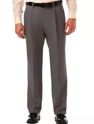 Haggar Cool 18 Performance Dress Pants Men's Sz 34x32 Gray Straight Leg Pleated • $14.73