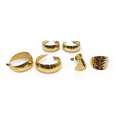 Vintage Lot Of 3 Pairs Gold Tone Earrings Wide Hoops Pierced Shiny Hammered • $14.99