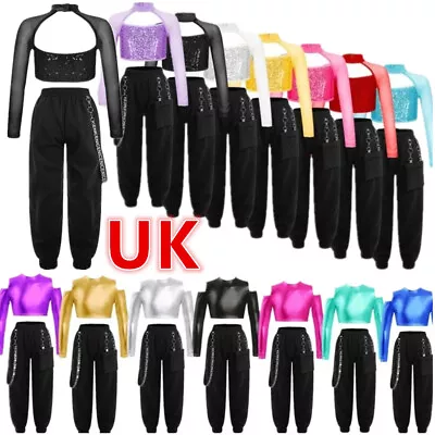 UK Girls Hip Hop Street Modern Dance Costume Long Sleeve Crop Top With Trousers  • £7.41