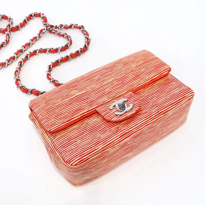 100% Auth CHANEL Patent Leather Mini Flap Bag Coral Orange Striped Silver SHW • $2850