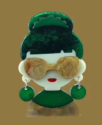Modern Arcrylic Handmade BROOCH Green Audrey Lady Bun Tiara Earrings Boxed BN • £8.95