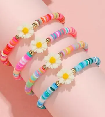 Womens Girls Polymer Colourful Daisy Beaded Bracelet Friendship Gift Set • £3.95