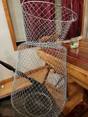 Vintage Fishing Metal Wire Fish Keeper Net Live Bait Basket Cage Collapsible. • $24